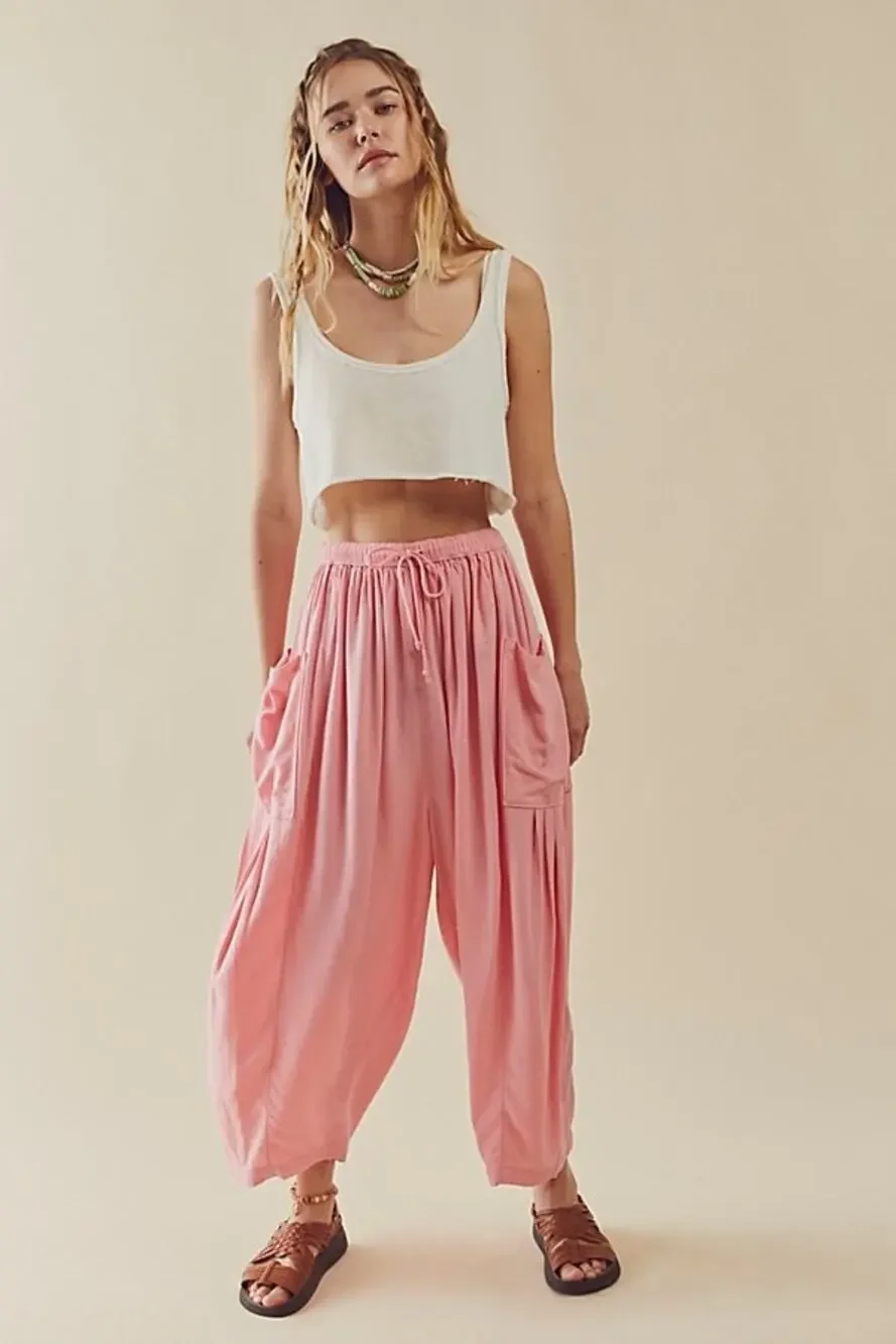 FREE PEOPLE Quinn Harem Pants Pastel Pink Small Baggy Boho Yoga Linen Blend